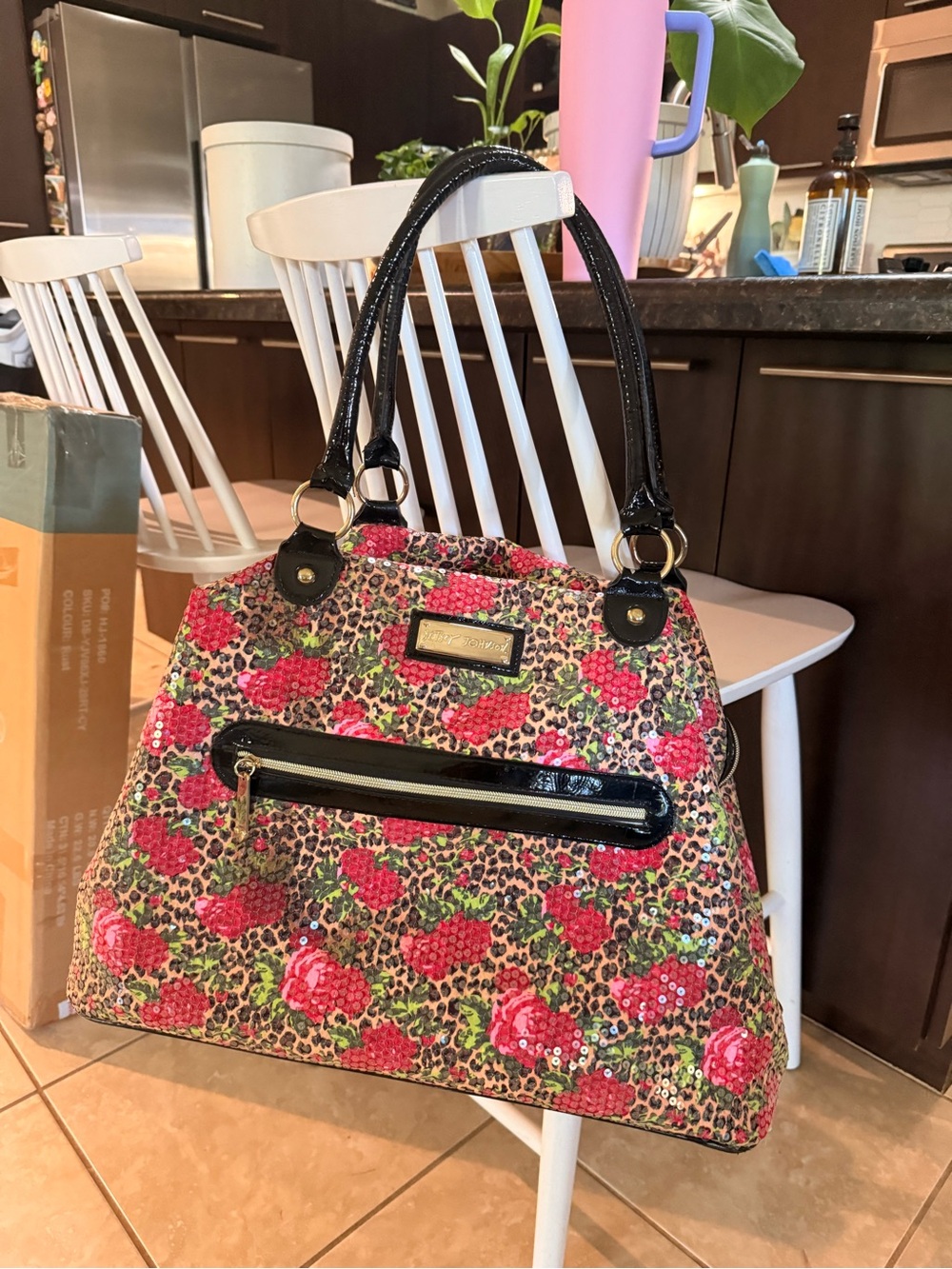 Betsey Johnson Pink Floral Sequin Tote with Black Patent Handles
